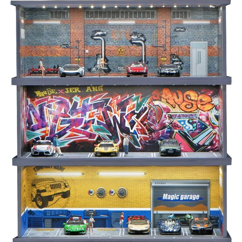 1 floor  - 1:64 Scale Simulation grafiti Parking Lot Miniature Scene – with LED Lighting  (Excludes Figurines and Car Models)